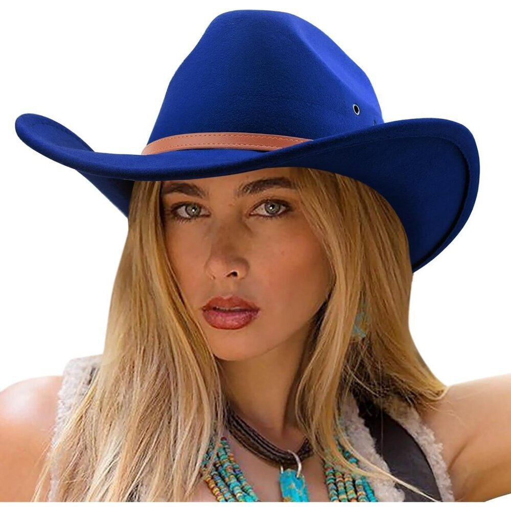 Women's Blue Western With Leather Band Buckle Classic Fedora Cowboy Felt Hat
